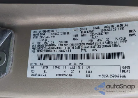 2018 Ford Escape Se from USA, damaged, VIN 1FMCU0GDXJUD47481